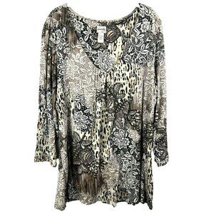 Chicos Women's Top XL V Neck Mixed Media Animal Cheetah Black Brown Stretch 3/4